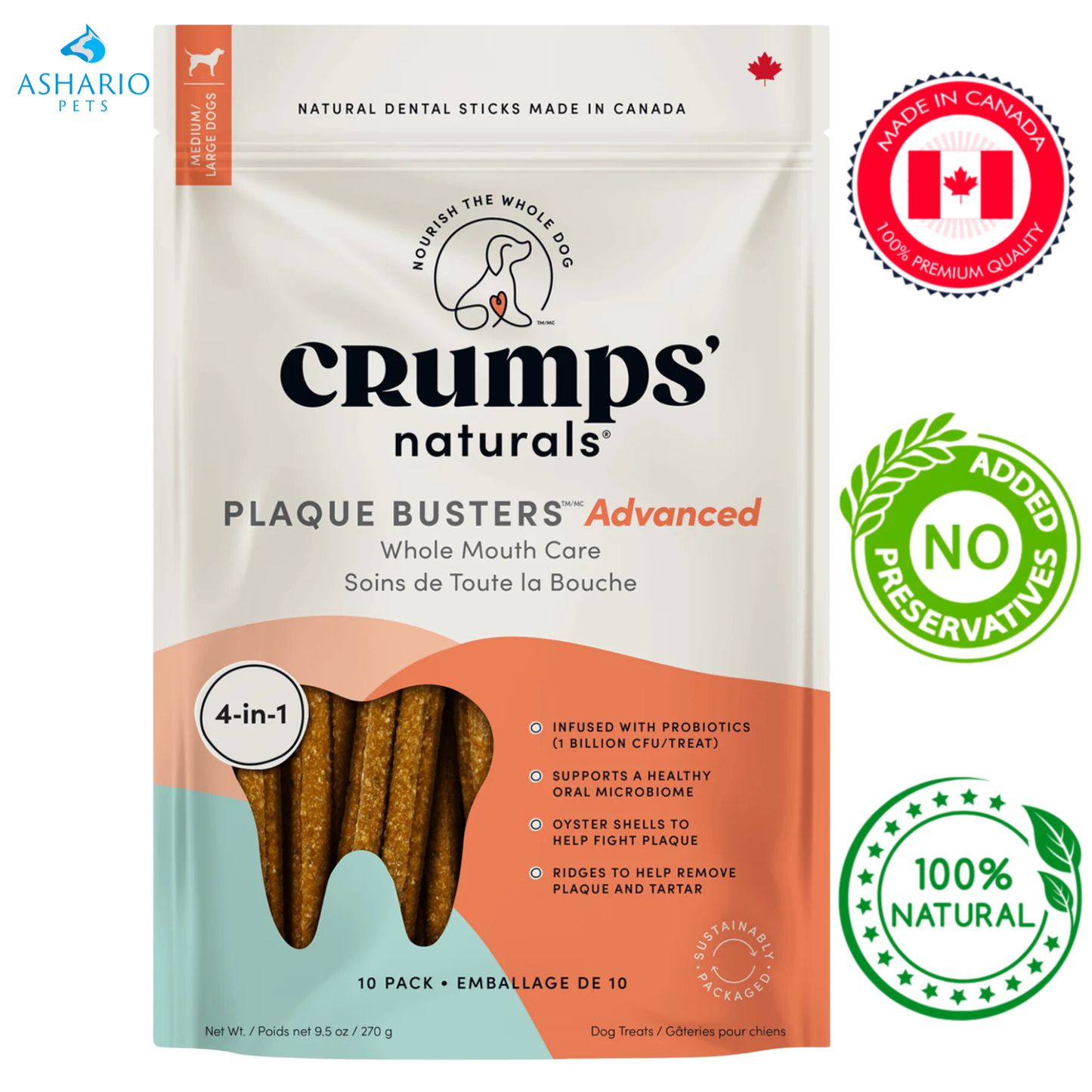 Crumps' Natural - Plaque Busters Advanced Whole Mouth Care Bâtonnets dentaires avec friandises probiotiques - 270 grammes