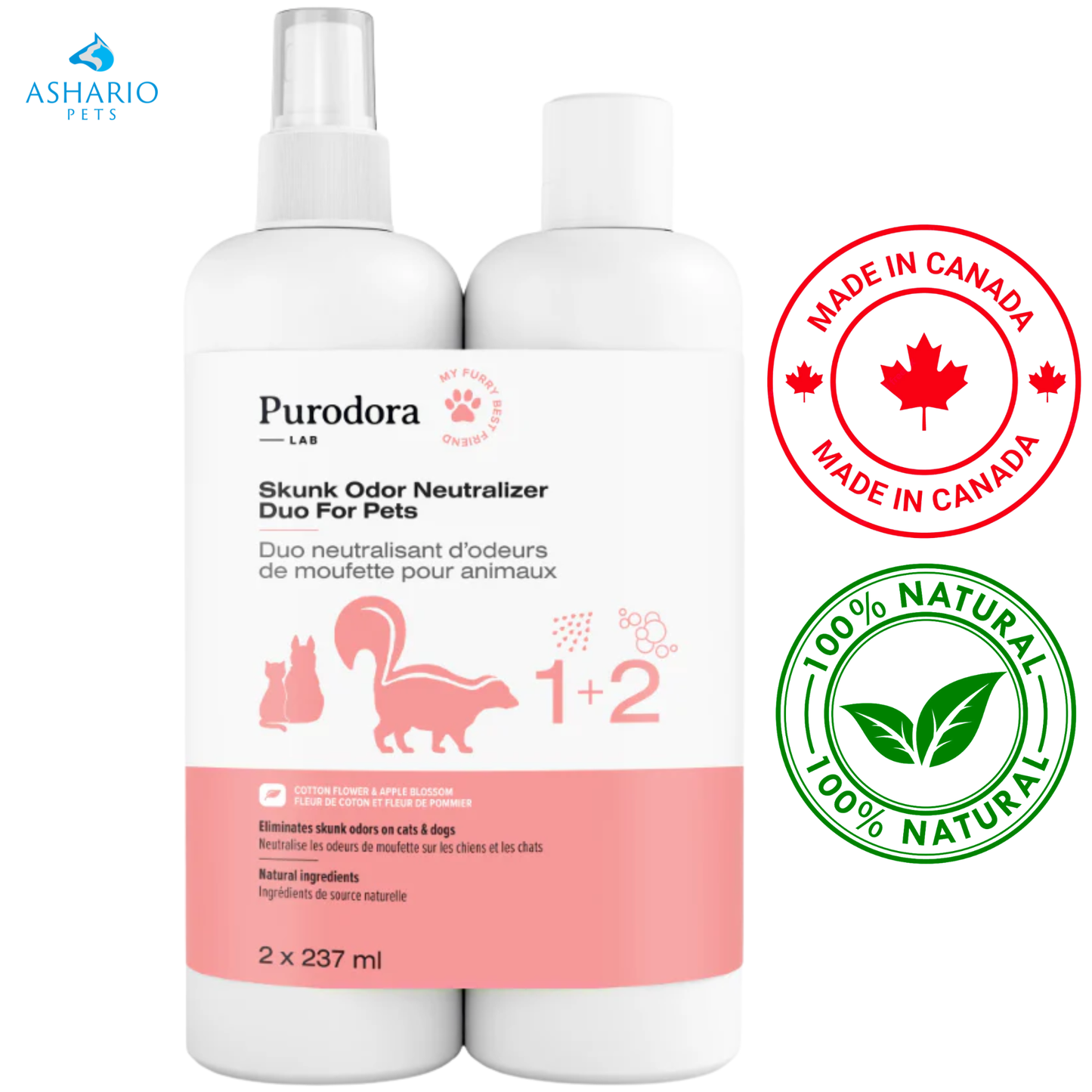 Purodora - Duo neutralisant d'odeurs de mouffette pour animaux de compagnie - 250 ml