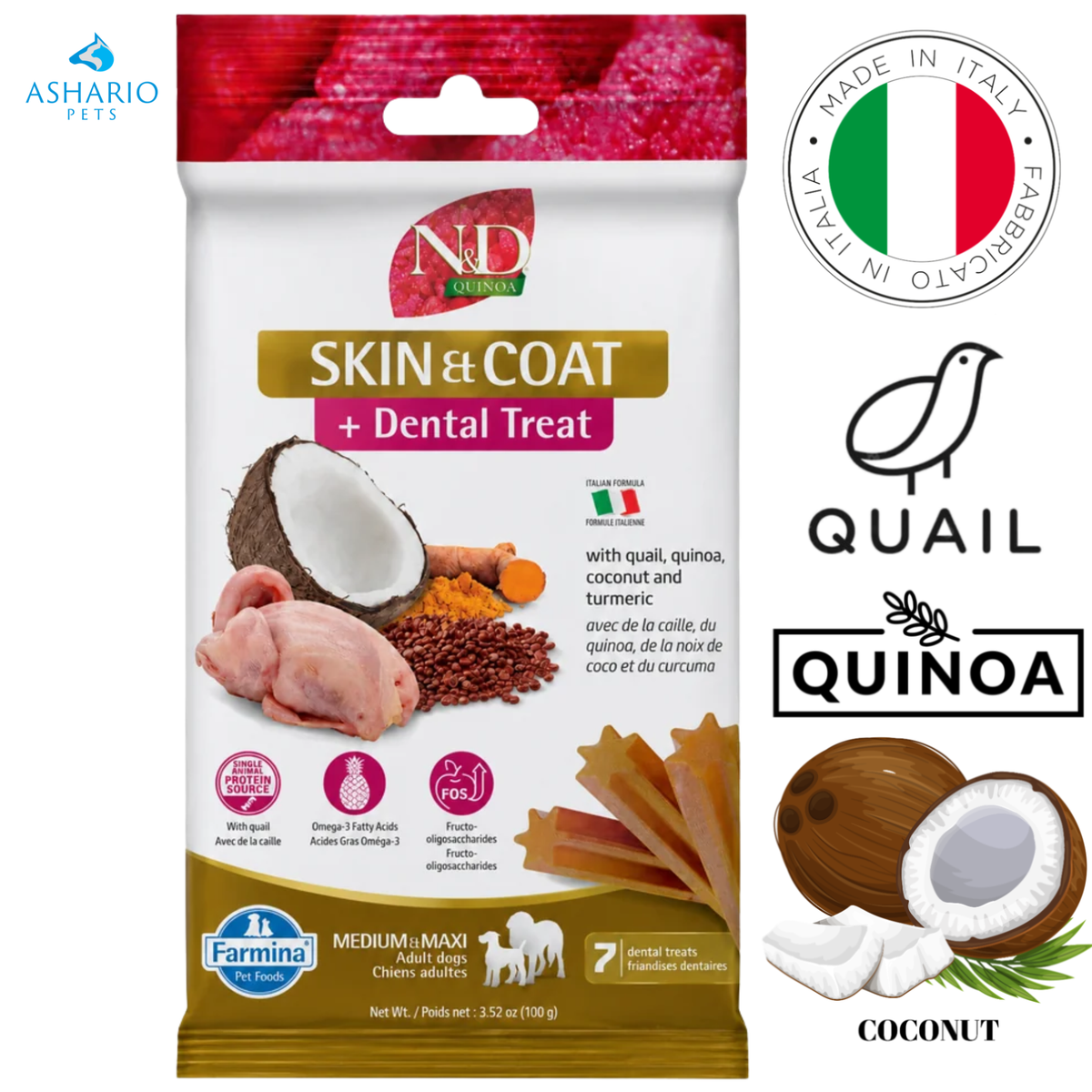 Farmina - Skin & Coat Quail & Quinoa Medium & Maxi Dental Dog Treats