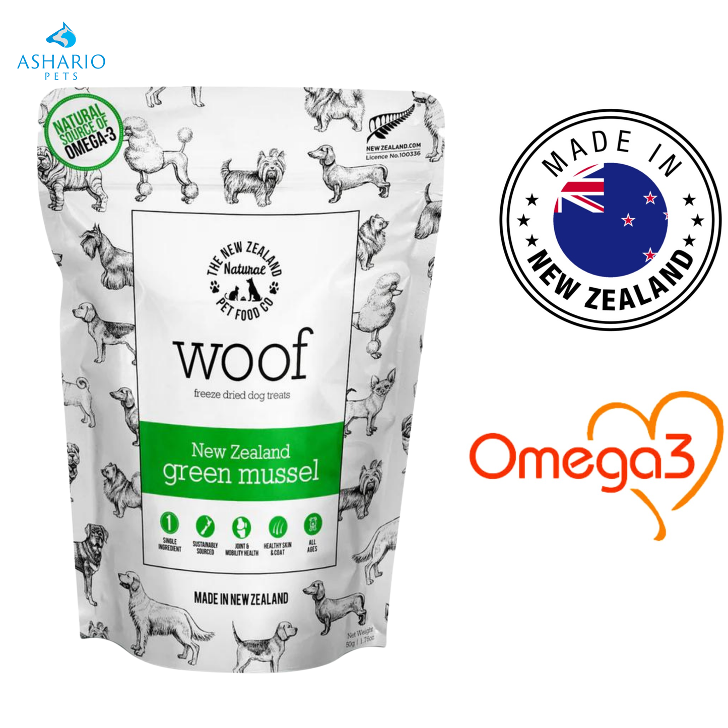NZPF Woof - Friandises lyophilisées pour chiens aux moules vertes - 50 grammes