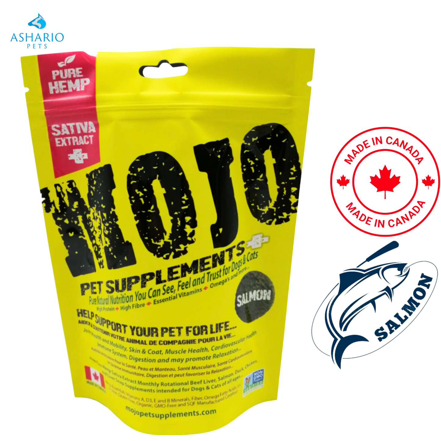 Compléments alimentaires pour animaux de compagnie MOJO - Friandises aromatisées au saumon et au chanvre - 138 grammes
