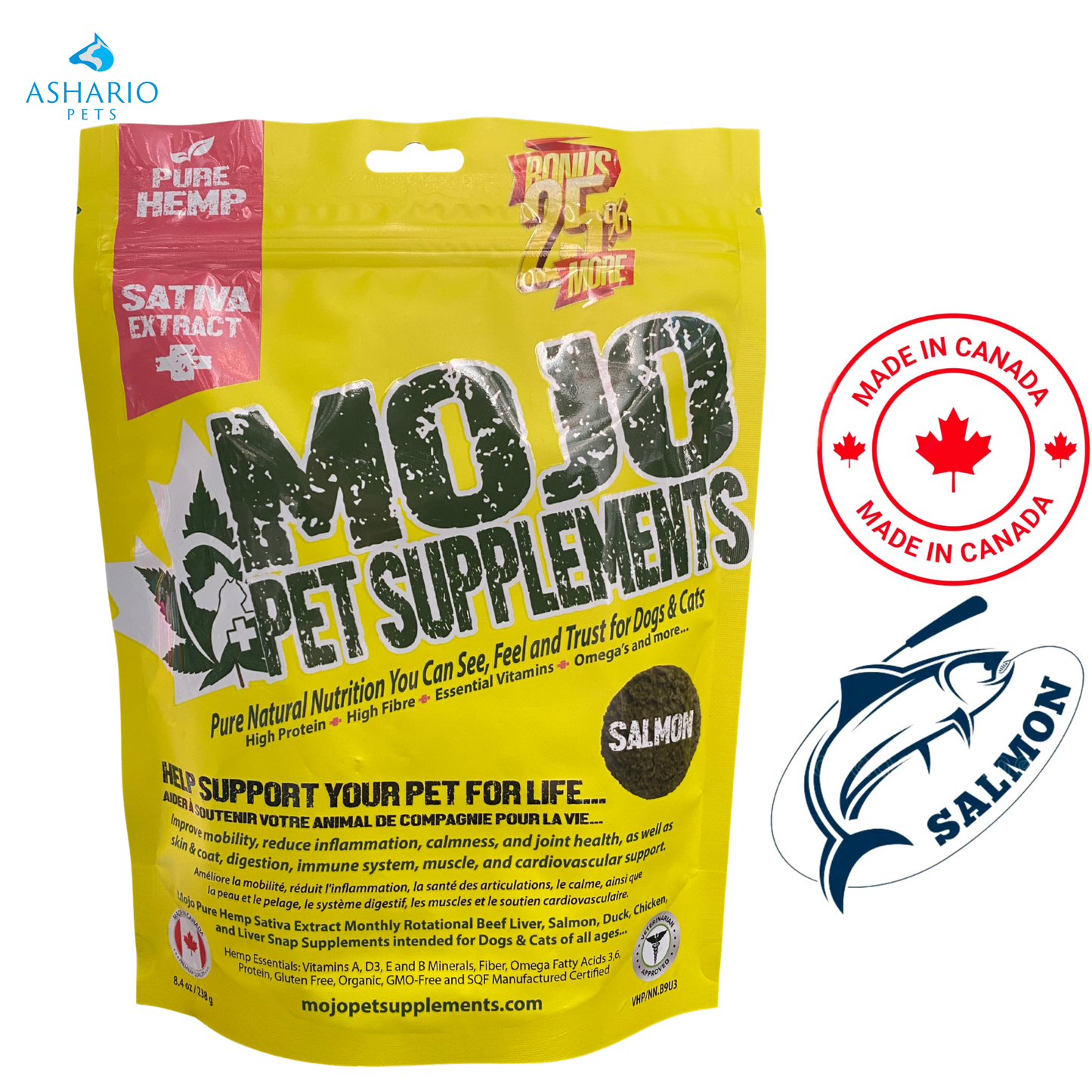 Compléments alimentaires pour animaux de compagnie MOJO - Friandises aromatisées au saumon et au chanvre - 138 grammes