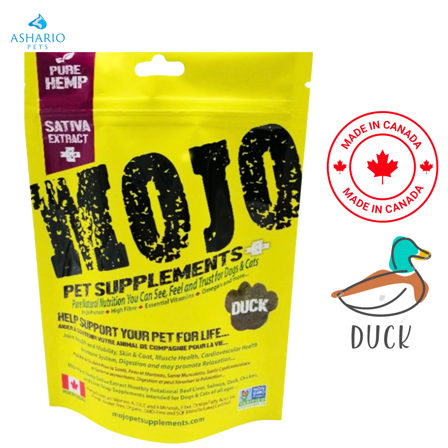 Compléments alimentaires pour animaux de compagnie MOJO - avec friandises au chanvre et au canard - 116 grammes