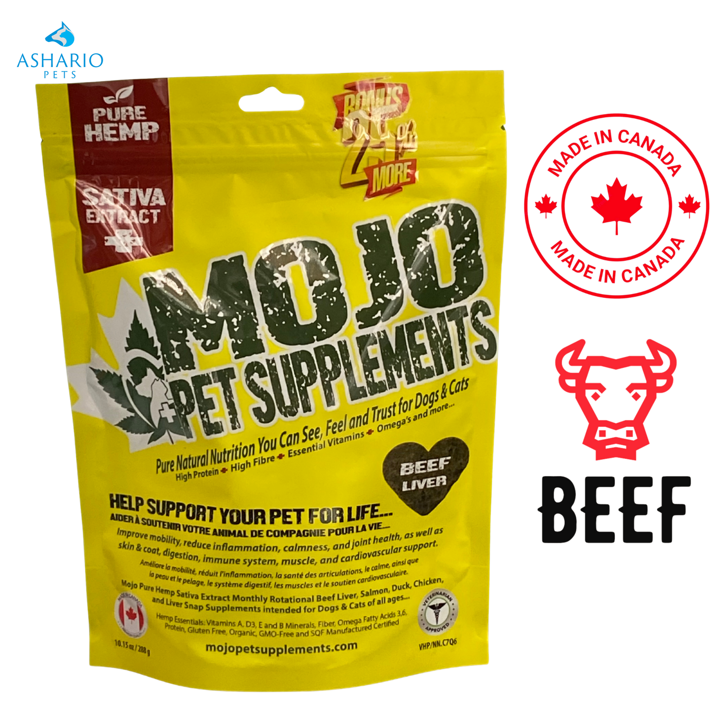 Compléments alimentaires pour animaux de compagnie MOJO - Friandises aromatisées au foie de bœuf et au chanvre - 288 grammes