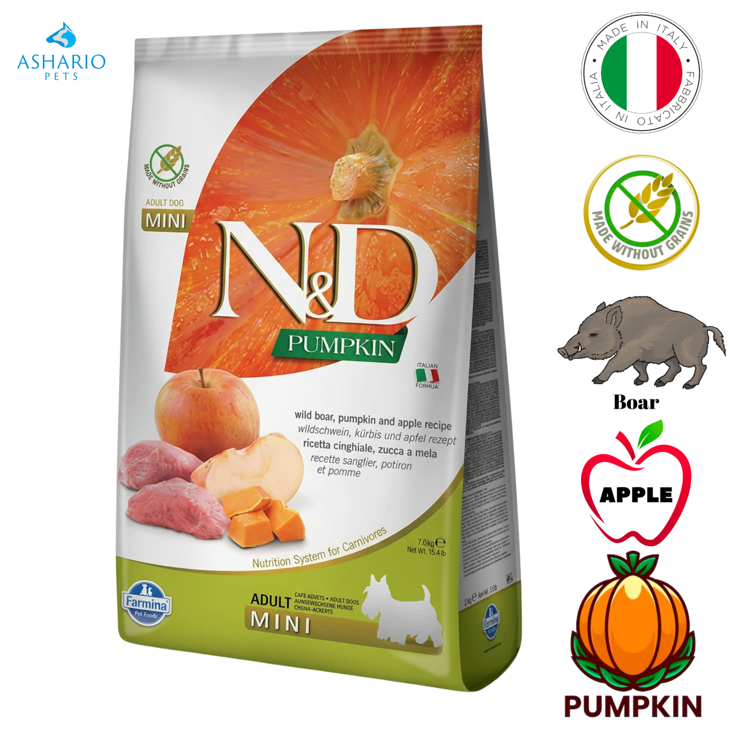 Farmina - Croquettes pour chiens adultes au sanglier et à la pomme - 5,5 lb, 15,4 lb
