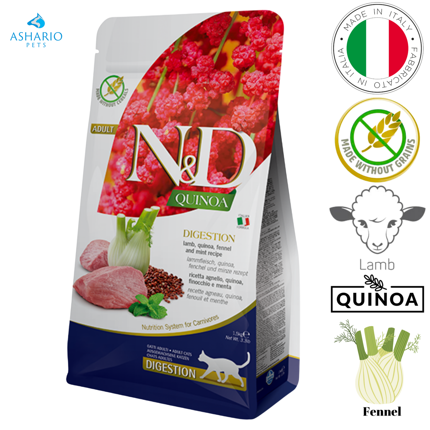 Farmina - Croquettes pour chats Digestion Agneau et quinoa - 3,3 lb, 11 lb