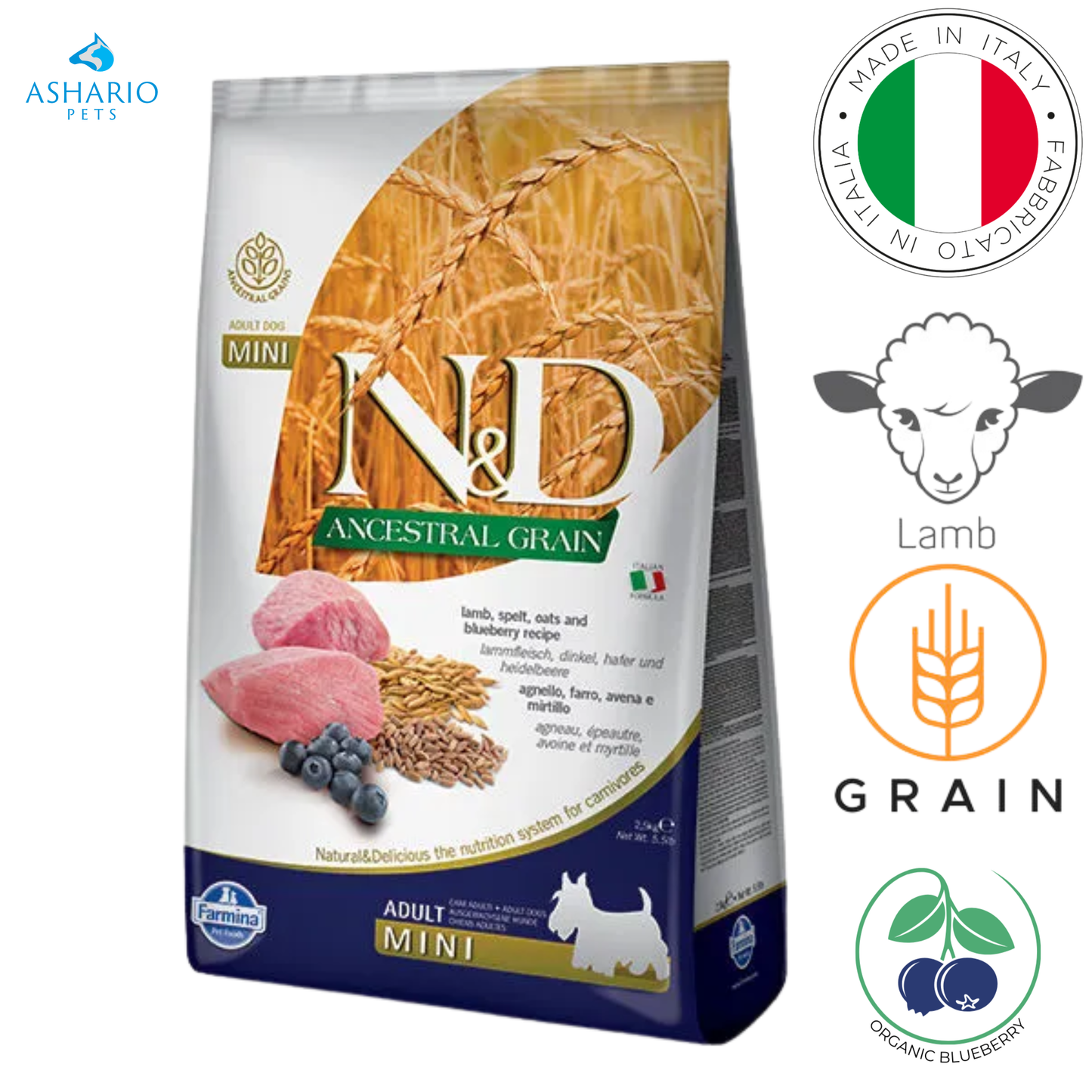 Farmina - Mini croquettes pour chiens adultes Ancestral Grain Agneau et myrtille - 5,5 lb, 15,4 lb