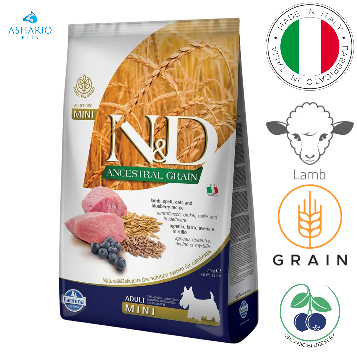 Farmina - Mini croquettes pour chiens adultes Ancestral Grain Agneau et myrtille - 5,5 lb, 15,4 lb