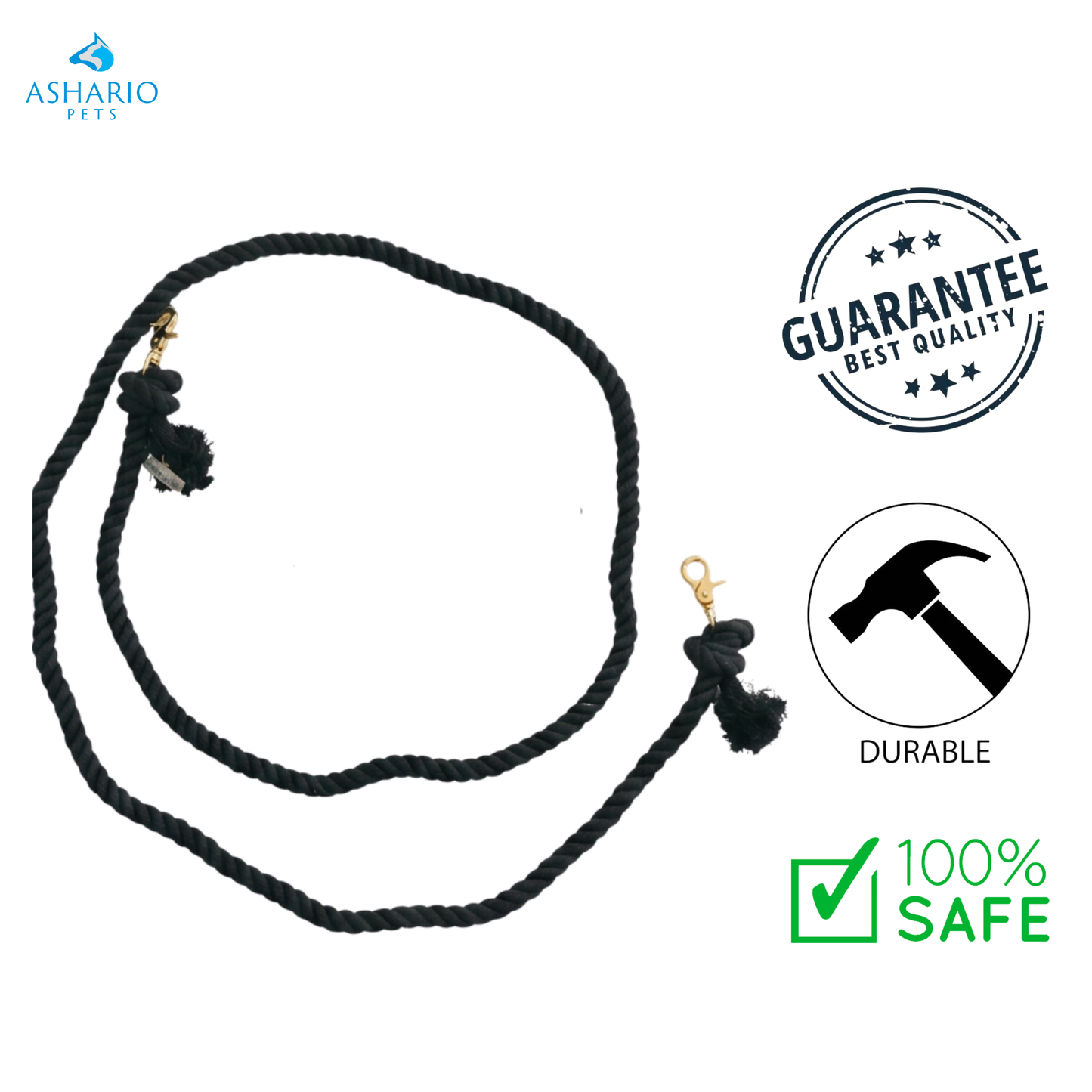 Dexypaws - Laisse pour chien en corde de coton mains libres noire