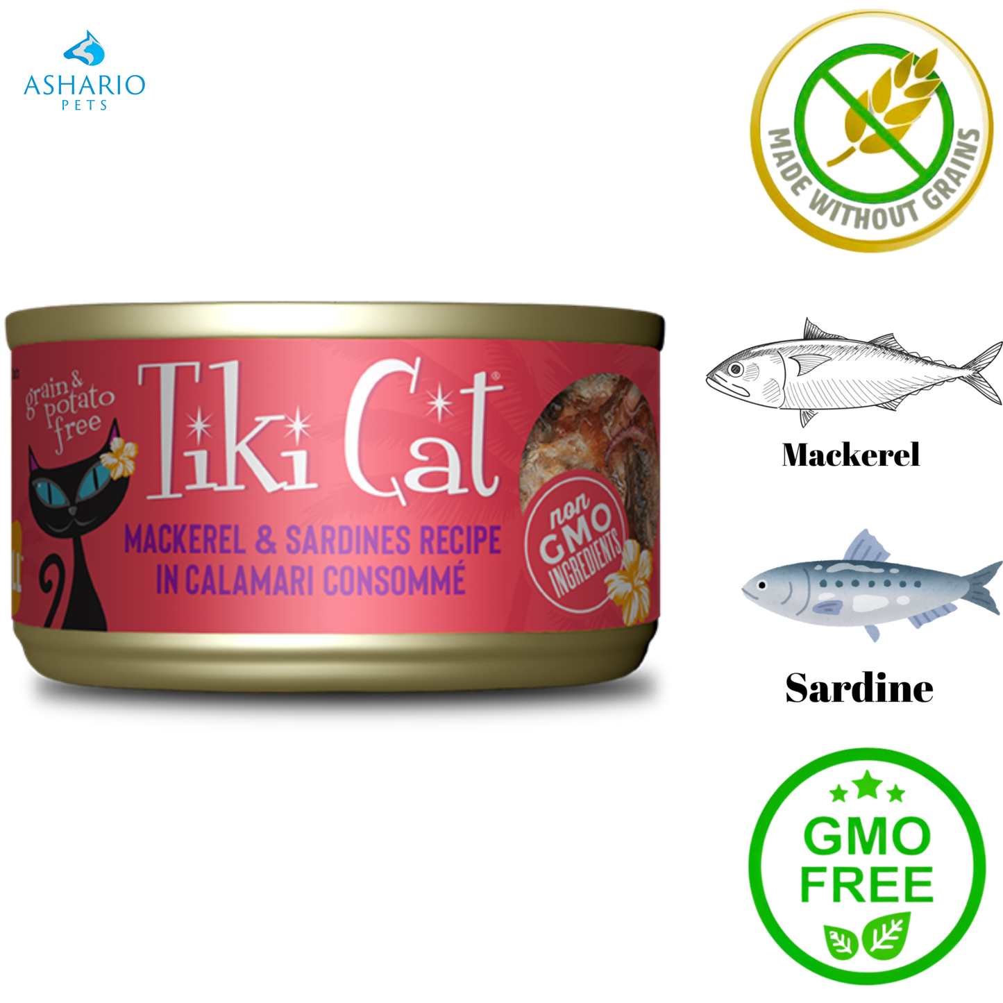 Tiki Cat - 鱿鱼清汤烤鲭鱼和沙丁鱼猫罐头 - 2.8 盎司