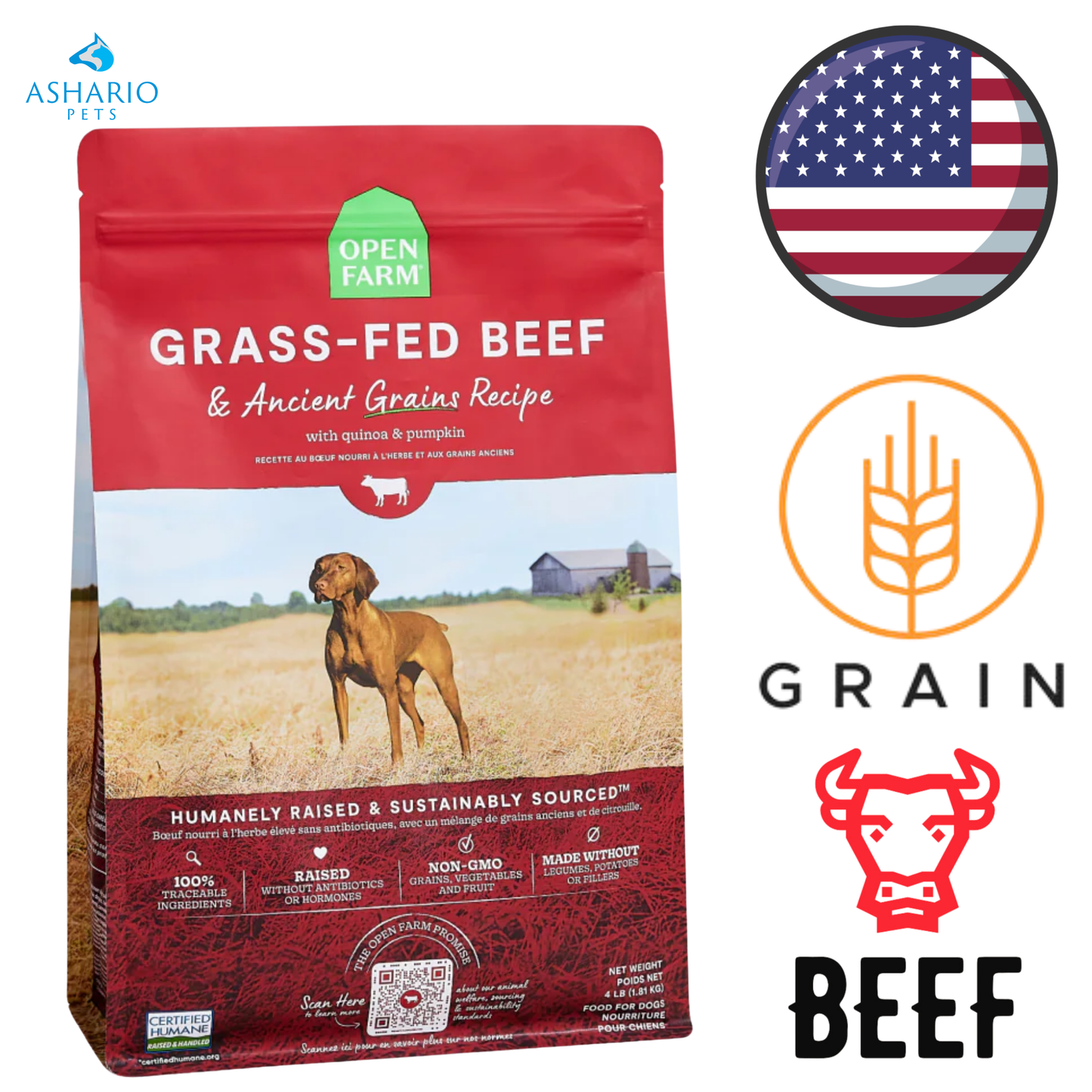 Open Farm - Croquettes pour chiens au bœuf nourri à l'herbe et aux céréales anciennes - 4 lb