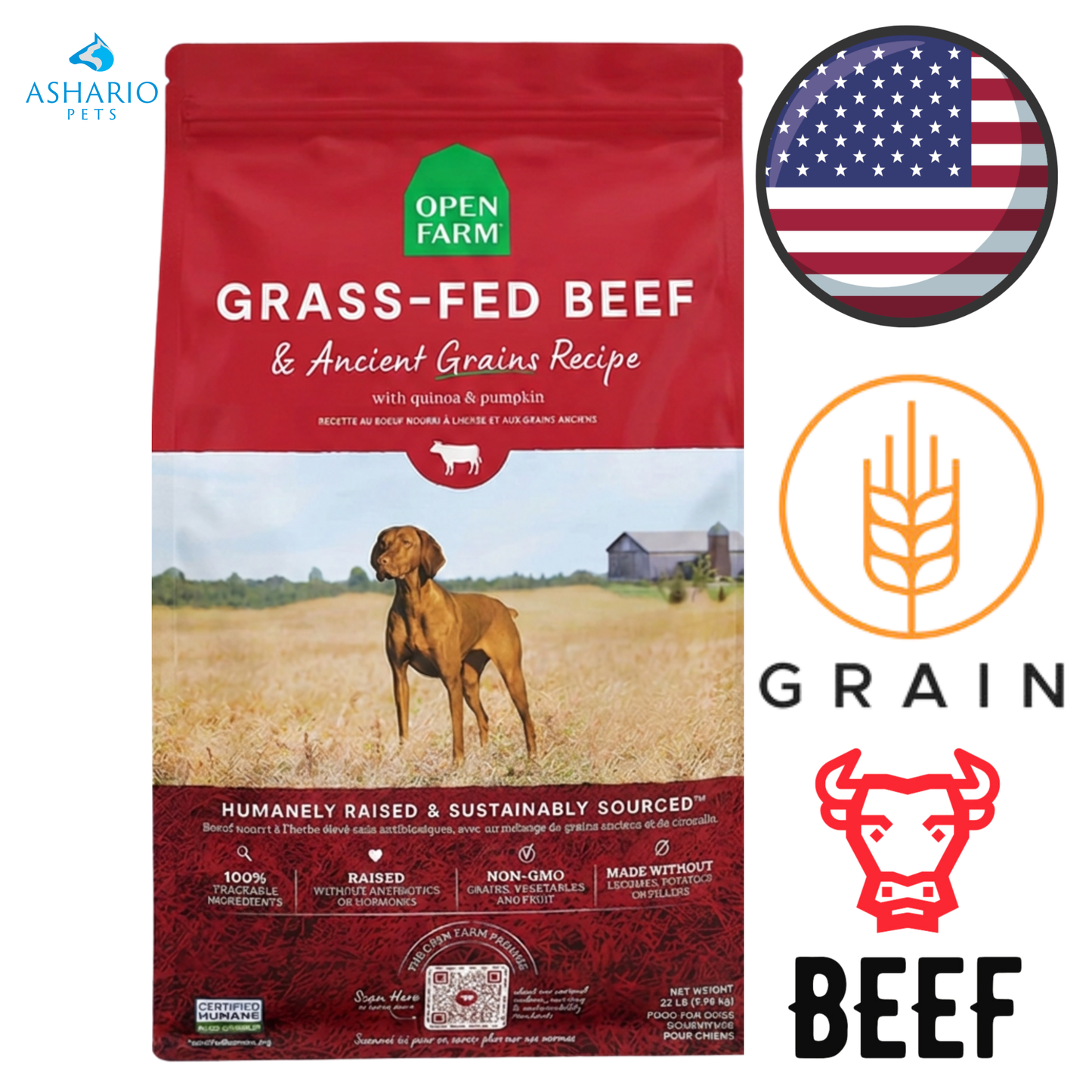 Open Farm - Croquettes pour chiens au bœuf nourri à l'herbe et aux céréales anciennes - 4 lb