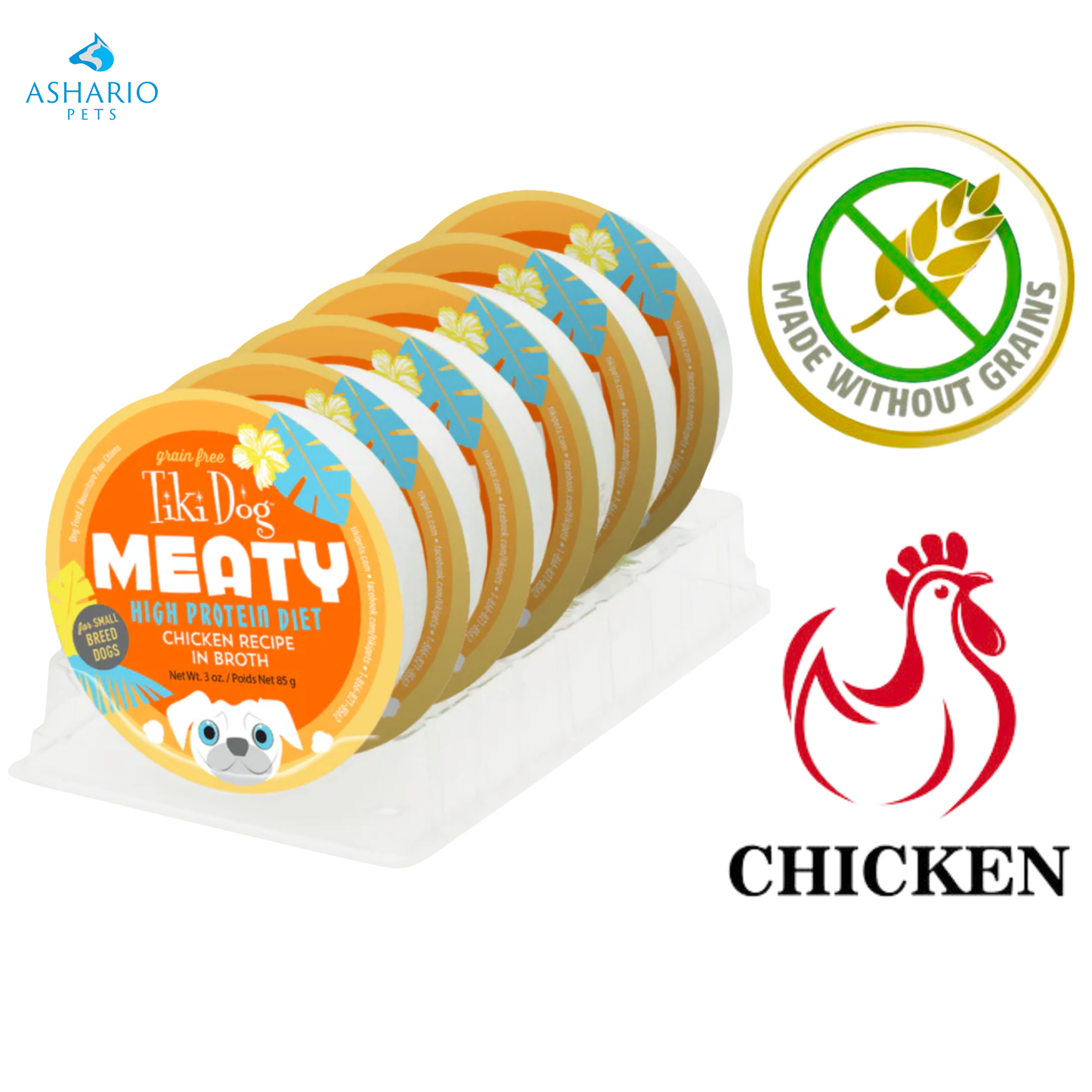 Tiki Dog - Nourriture humide pour chien sans céréales au poulet et à la viande dans un bouillon - 3 oz