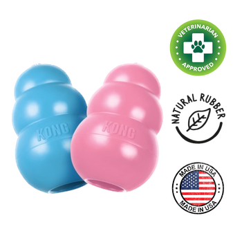 KONG Puppy Dog Toy, designed for a growing puppy's baby teeth. Made from soft rubber for gentle chewing, it helps clean teeth and soothe gums. Available in various sizes and colors.	