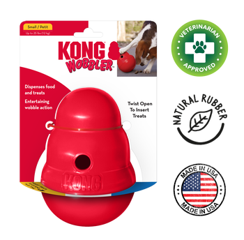 KONG Wobbler Dog Toy, treat-dispensing toy that engages and entertains dogs. Made from durable material, it wobbles unpredictably to keep dogs entertained and active.	