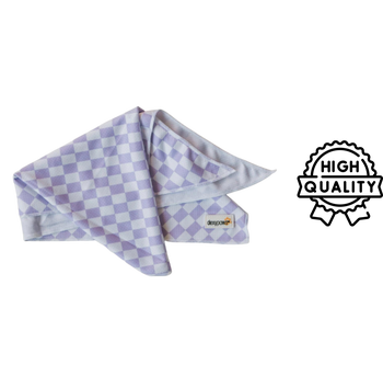 Dexypaws Cooling Bandana in Lilac Checkers, keeps pets cool and comfortable, stylish design, perfect for hot weather and outdoor activities.