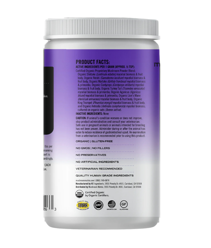 Canine Matrix Healthy Pet Matrix Dog and Cat 450 Grams, organic mushroom and herb blend powder, enhances immune support, rich in antioxidants and vitamins, supports overall pet health.