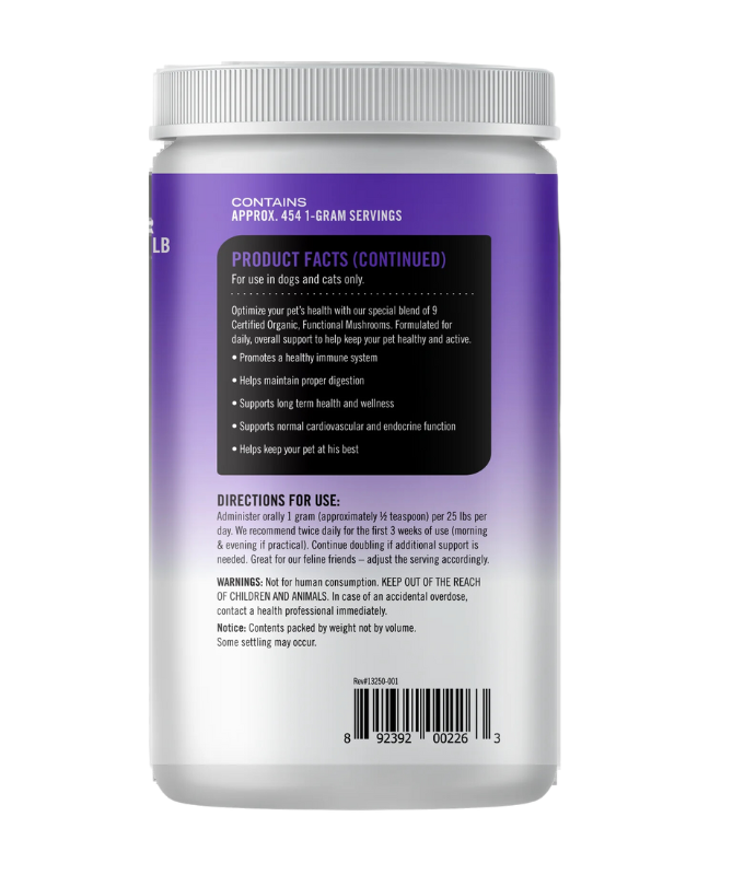 Canine Matrix Healthy Pet Matrix Dog and Cat 450 Grams, high-quality powder blend of nine mushroom species, promotes cardiovascular, respiratory health, and digestion, essential nutrients for dogs and cats.