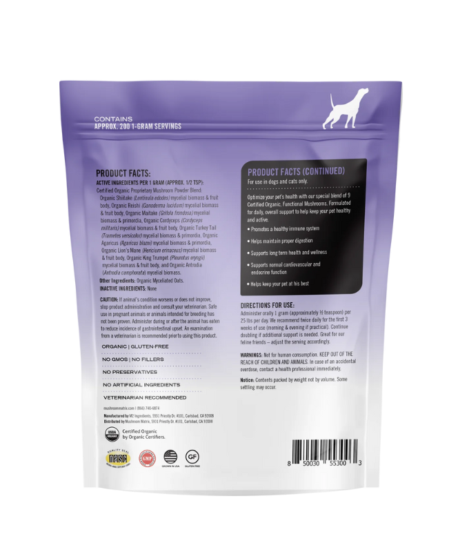 Canine Matrix Healthy Pet Matrix Dog and Cat Pouch 200g, blend of nine organic mushroom species for comprehensive health support, promotes immune system strength, rich in antioxidants and vitamins.