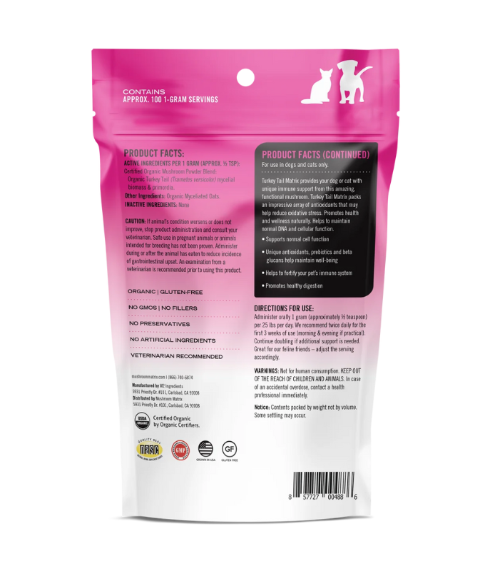 "Back view of Canine Matrix Turkey Tail Dog and Cat 60g, featuring organic turkey tail mushroom powder for immune system support, promoting overall pet health and well-being, easy-to-mix for daily use."