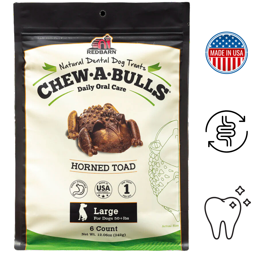 Redbarn Chew A Bulls Toad Medium & Large Dog Treats, a fun and nutritious treat for dogs.	