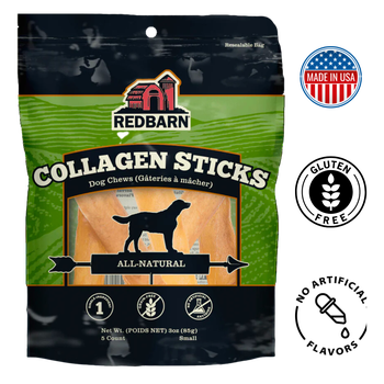 Redbarn Bag Of Collagen Sticks Dog Treats, available in small and large sizes, for healthy joints and skin.	