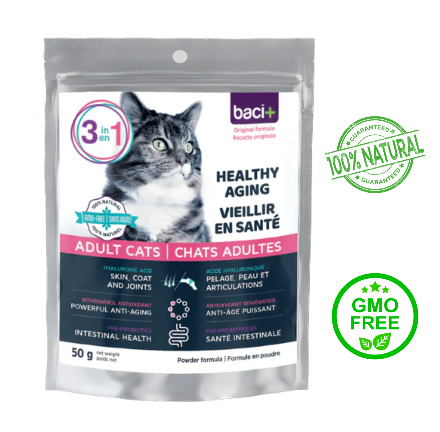 Baci+ 3-in-1 Healthy Aging for Adult Cats 50 Grams, supports immune function, vitality, joint mobility, skin, digestion, and more, ideal for aging cats at your pet store