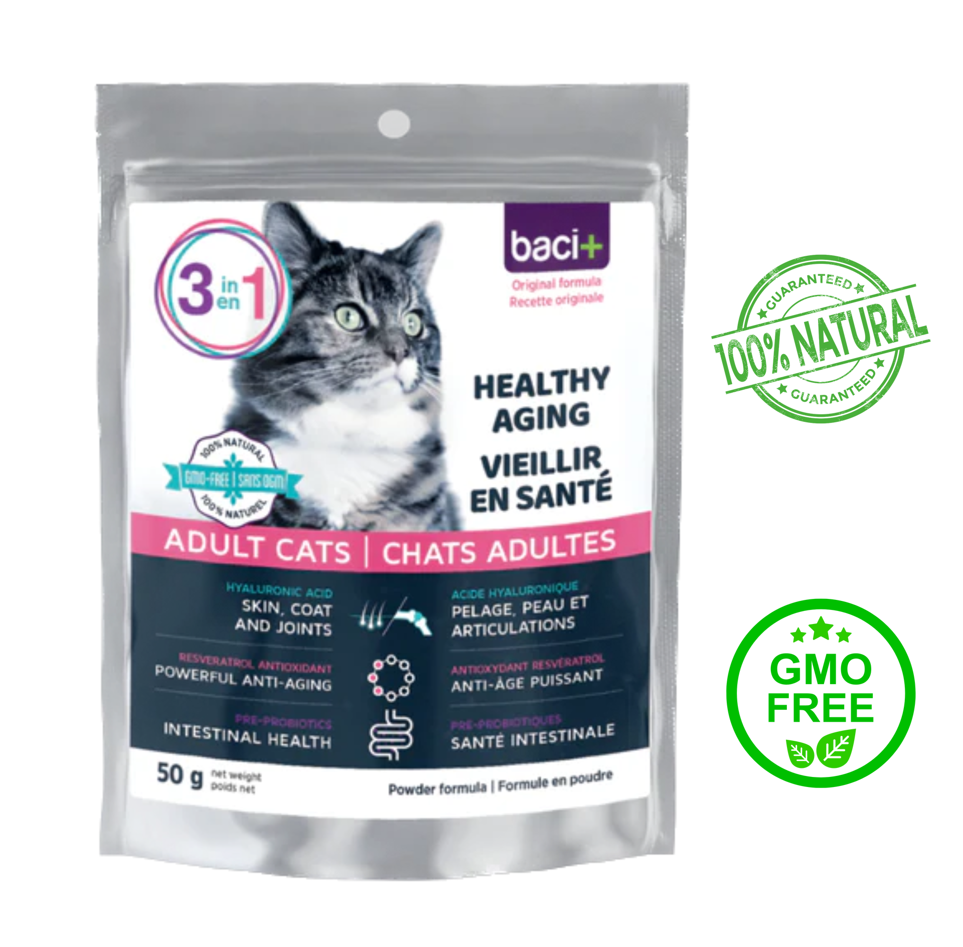 Baci+ 3-in-1 Healthy Aging for Adult Cats 50 Grams, supports immune function, vitality, joint mobility, skin, digestion, and more, ideal for aging cats at your pet store