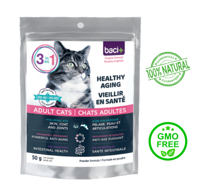 Baci+ 3-in-1 Healthy Aging for Adult Cats 50 Grams, supports immune function, vitality, joint mobility, skin, digestion, and more, ideal for aging cats at your pet store