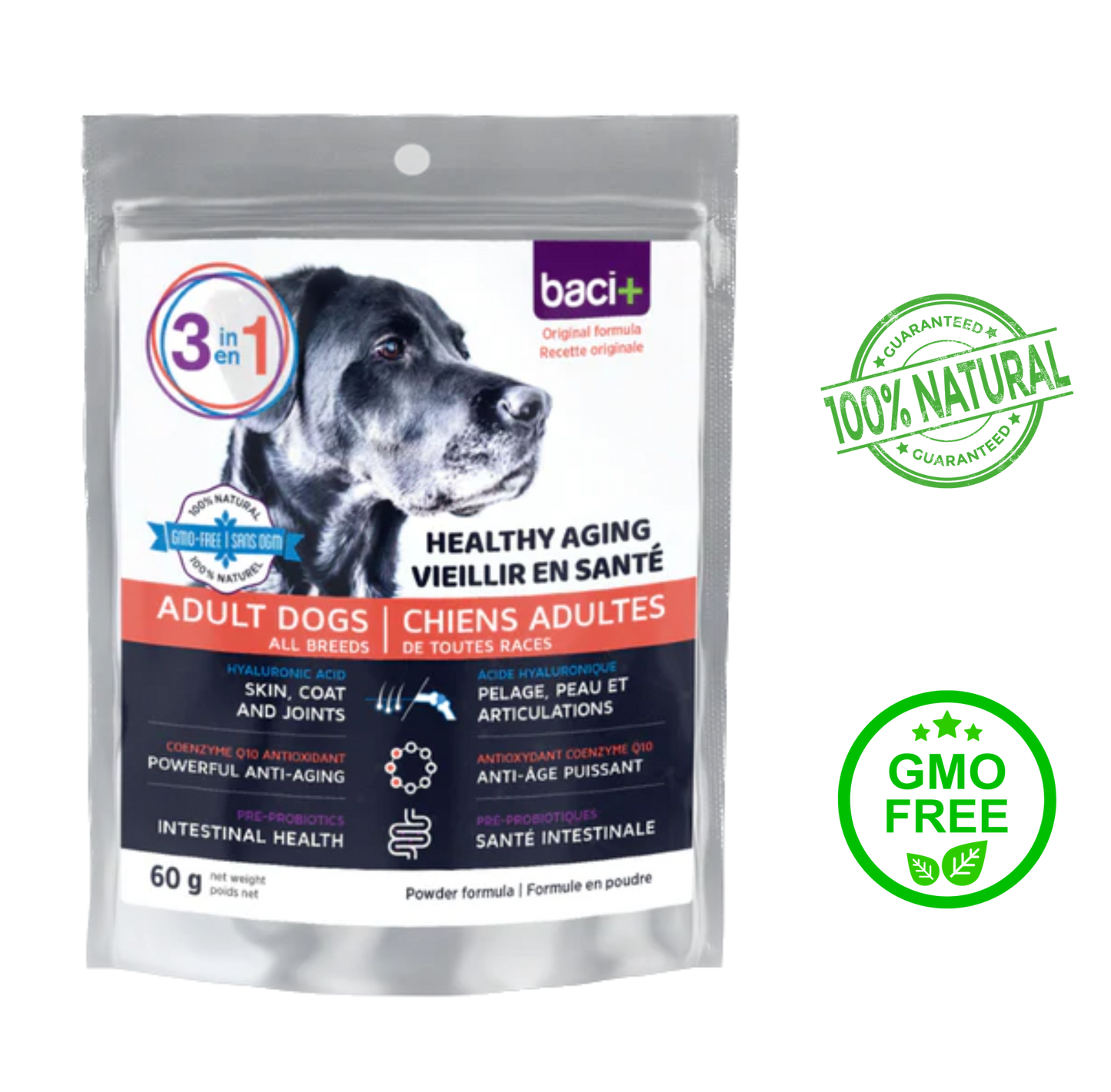 Baci+ 3-in-1 Healthy Aging for Adult Dogs 60 Grams, crafted to support aging dogs with immune function, joint mobility, cognitive health, and skin & coat health, available for purchase at your pet store