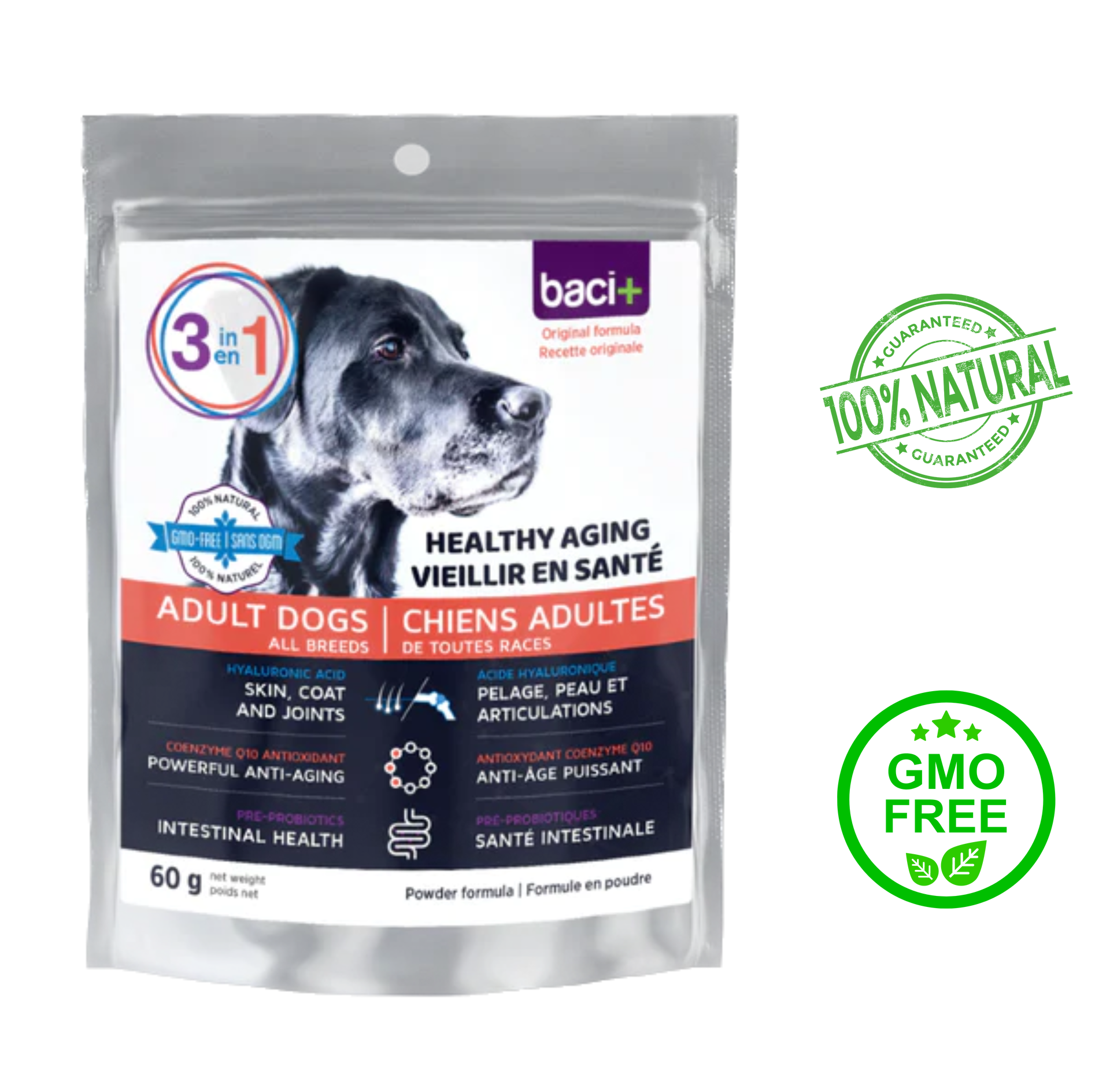 Baci+ 3-in-1 Healthy Aging for Adult Dogs 60 Grams, crafted to support aging dogs with immune function, joint mobility, cognitive health, and skin & coat health, available for purchase at your pet store