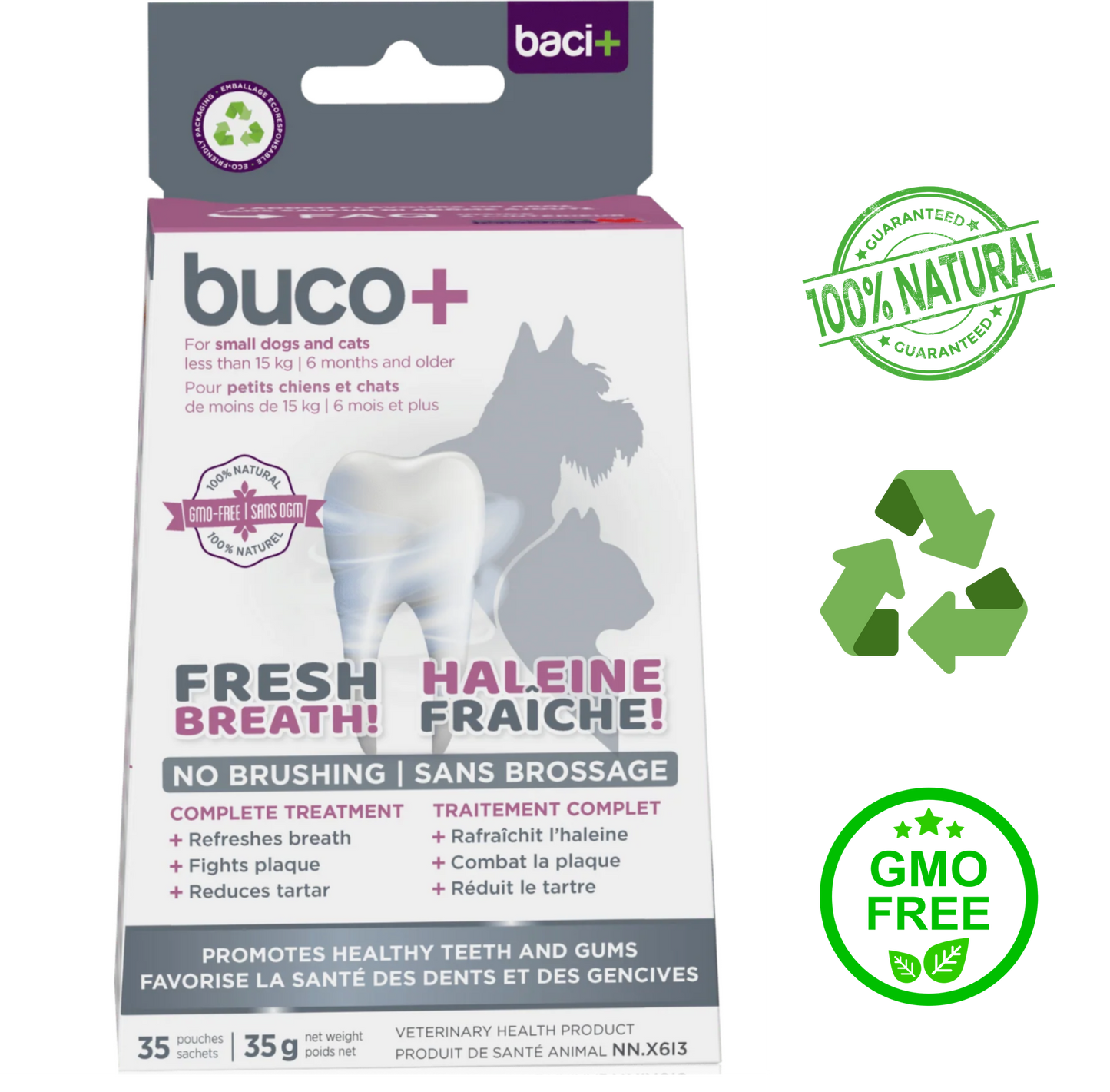 Baci+ Buco+ for Dogs and Cats 35 Grams, 56 Grams, specialized dietary supplement supporting oral health and fresh breath, prevents plaque and tartar buildup, available for purchase at your pet store