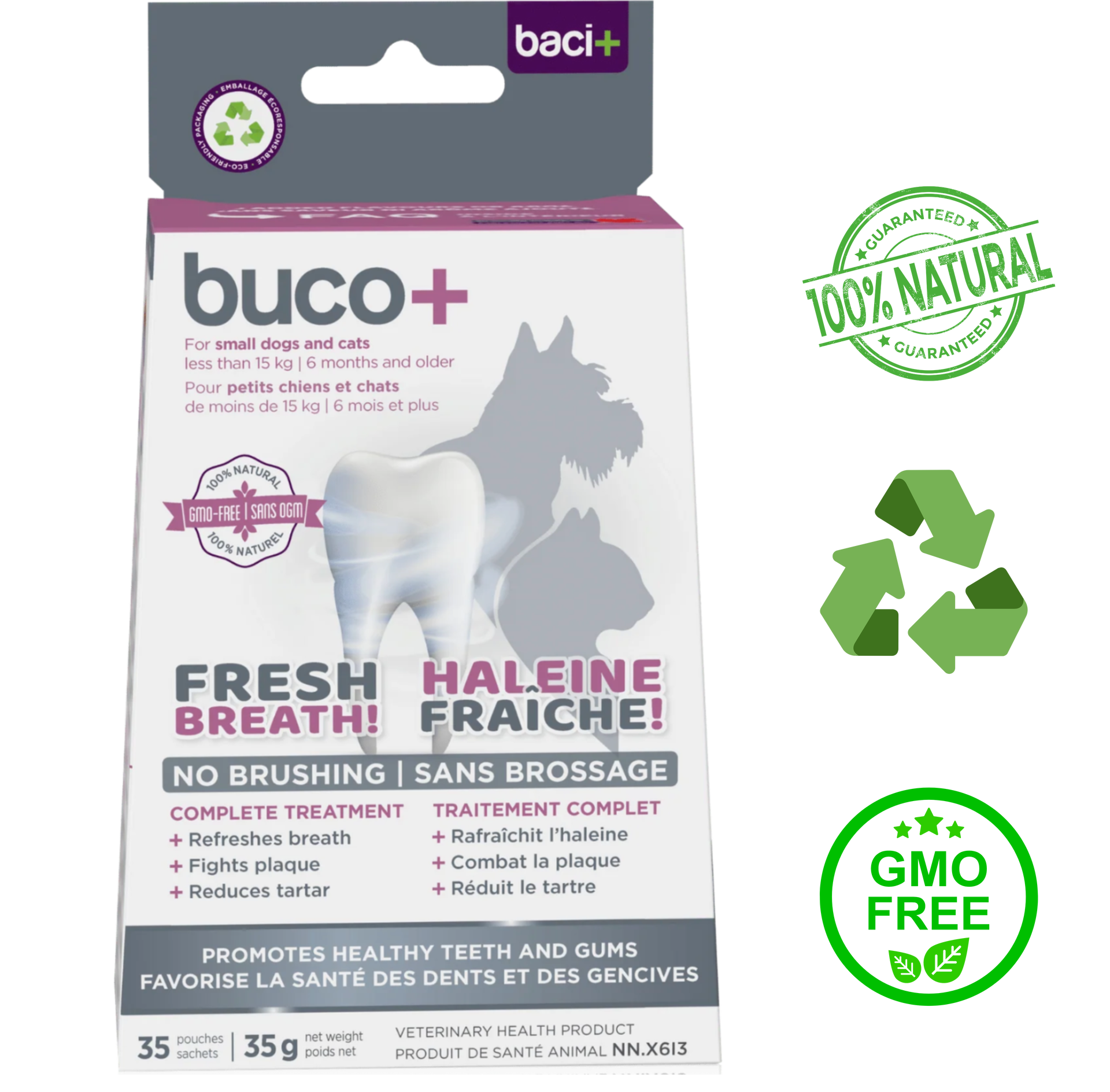 Baci+ Buco+ for Dogs and Cats 35 Grams, 56 Grams, specialized dietary supplement supporting oral health and fresh breath, prevents plaque and tartar buildup, available for purchase at your pet store