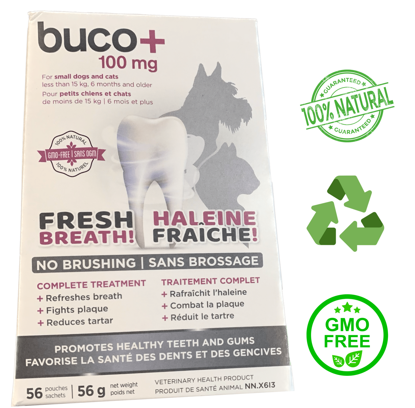 Baci+ Buco+ for Dogs and Cats 35 Grams, 56 Grams, specialized dietary supplement supporting oral health and fresh breath, prevents plaque and tartar buildup, available for purchase at your pet store