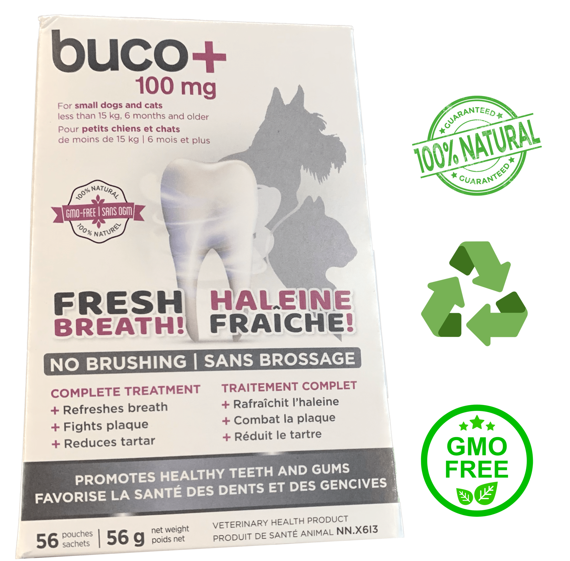 Baci+ Buco+ for Dogs and Cats 35 Grams, 56 Grams, specialized dietary supplement supporting oral health and fresh breath, prevents plaque and tartar buildup, available for purchase at your pet store