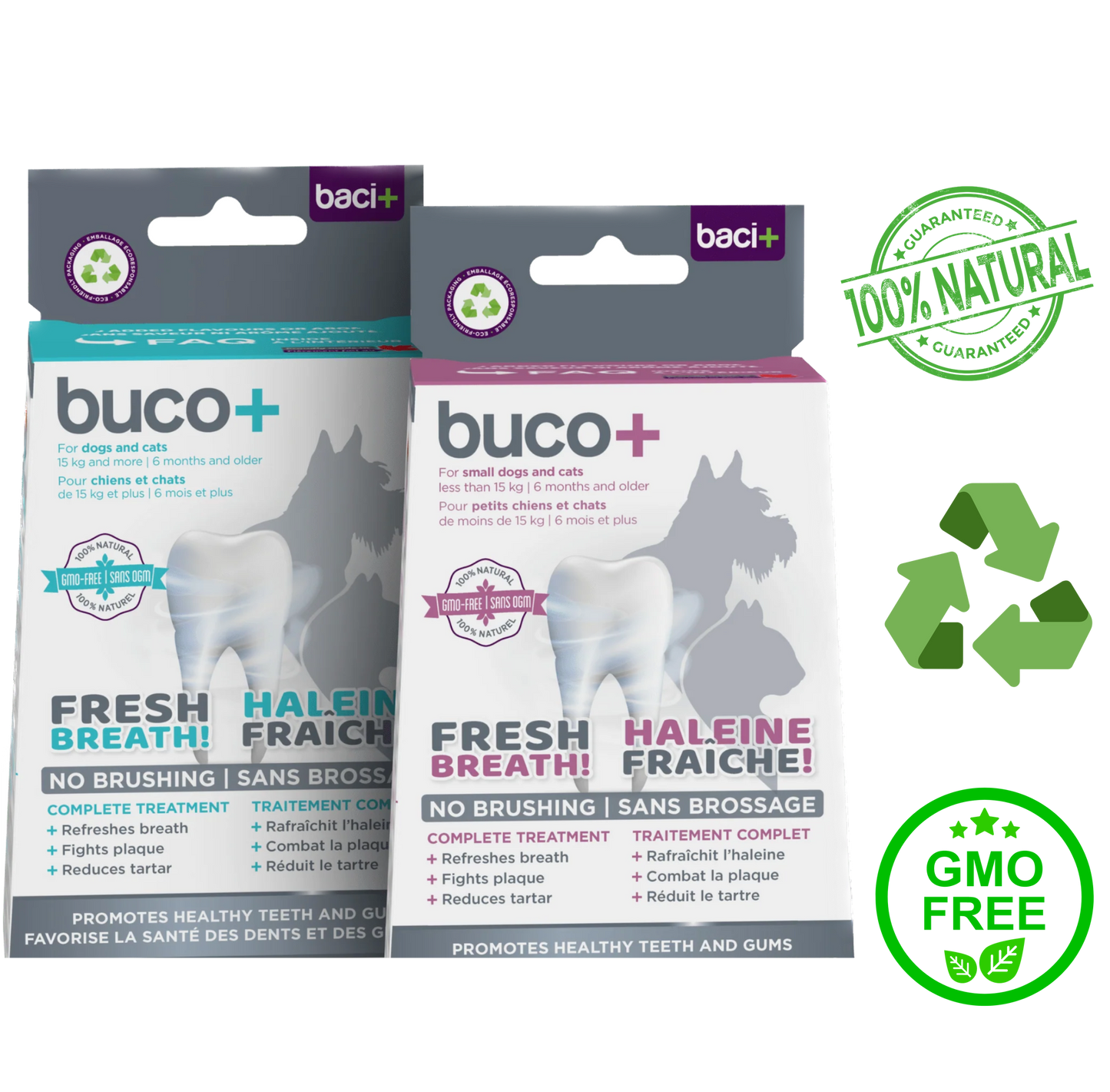 Baci+ Buco+ for Dogs and Cats, available in 35 Grams and 56 Grams sizes, promotes oral health and fresh breath, reduces plaque and tartar buildup, maintains healthy gums, all-natural and easy to administer