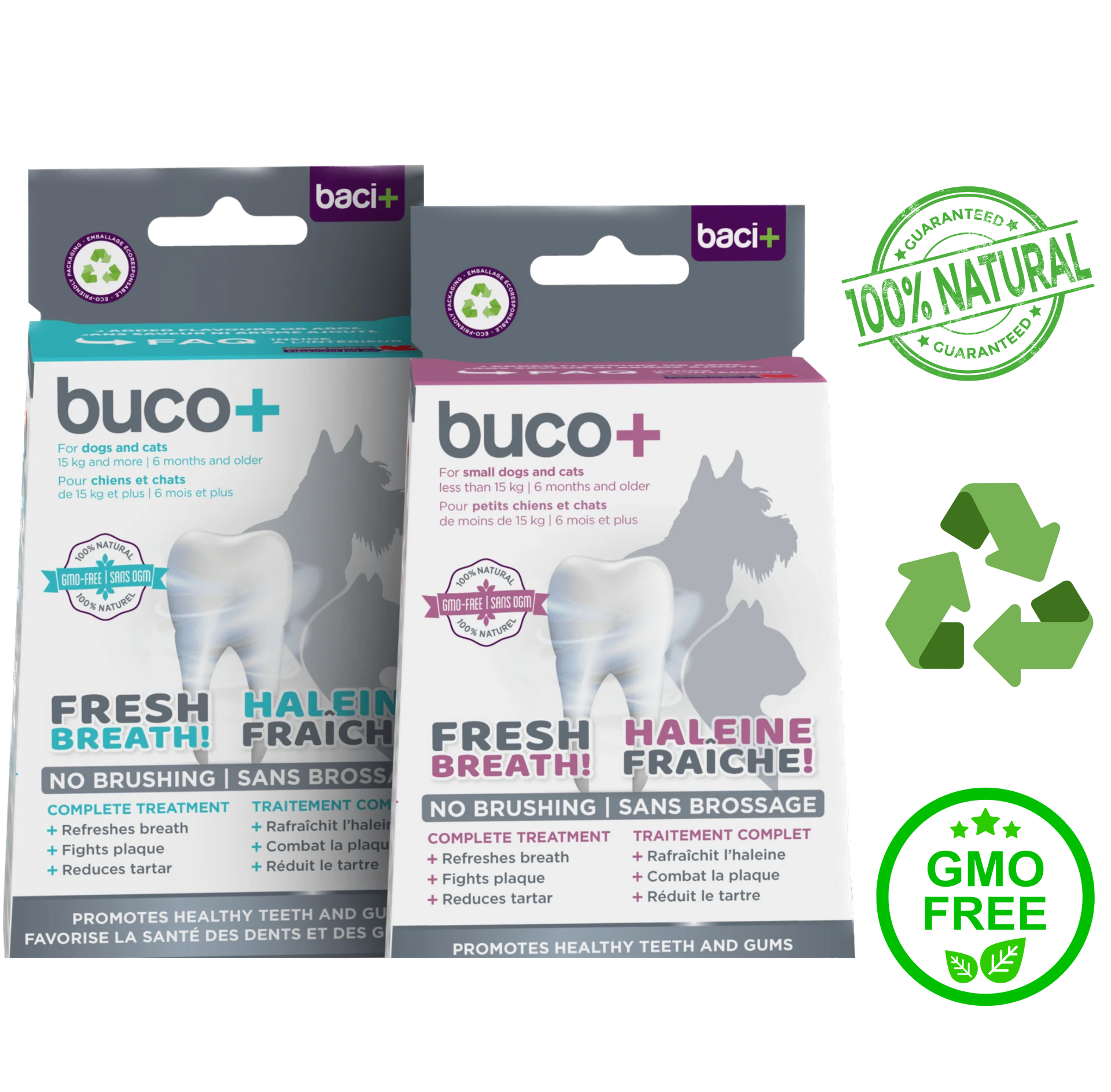 Baci+ Buco+ for Dogs and Cats, available in 35 Grams and 56 Grams sizes, promotes oral health and fresh breath, reduces plaque and tartar buildup, maintains healthy gums, all-natural and easy to administer