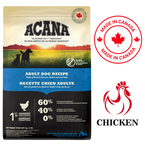 Acana adult chicken dog food in a 4.4 lb bag, made with fresh free-run chicken and wholesome ingredients