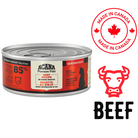Acana beef cat food in a can featuring a high-quality beef recipe for adult cats