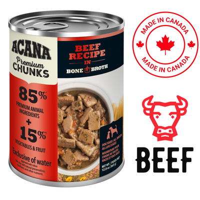Acana beef in bone broth dog food can featuring premium ingredients and made in Canada
