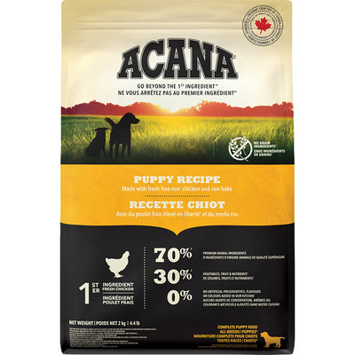 Acana chicken puppy food in a 12kg bag featuring fresh chicken and wholesome ingredients for growing puppies