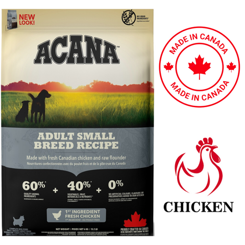 Acana chicken small breed dog food in a large bag featuring Canadian ingredients and nutrition details.