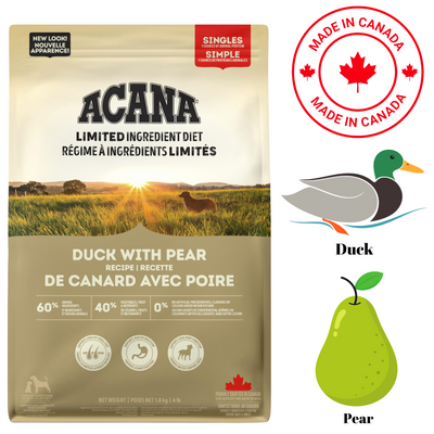 Acana duck and pear dog food with limited ingredients for healthy canine diet
