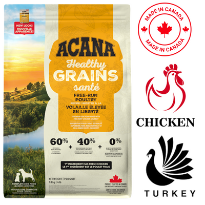 Acana free-run poultry dog food with healthy grains and high protein content in a 4lb bag