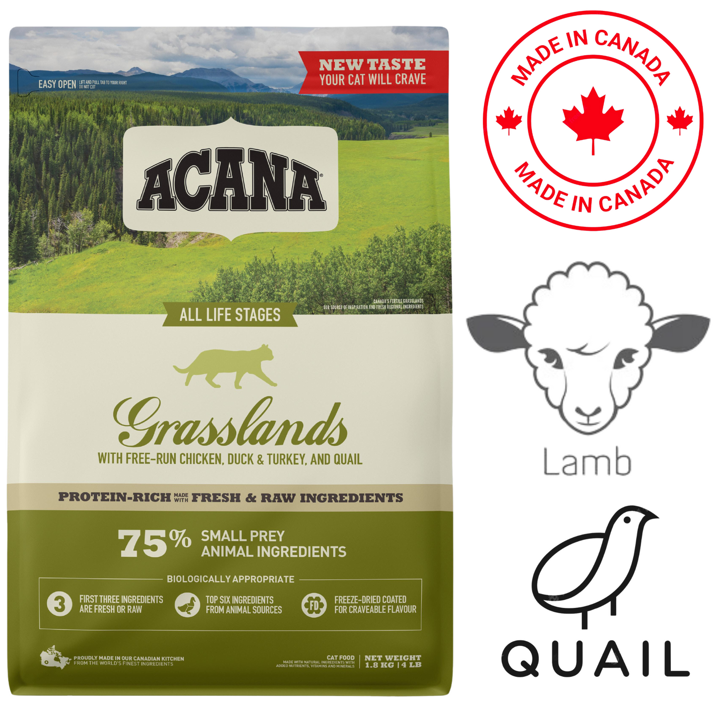 Acana Grasslands cat food featuring quail, duck, turkey, and lamb ingredients for all life stages