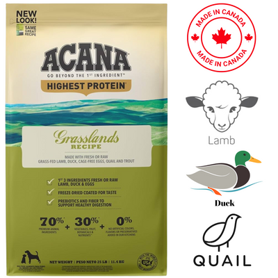 Acana Grasslands dog food with lamb, duck, and quail for a balanced diet of high-quality protein