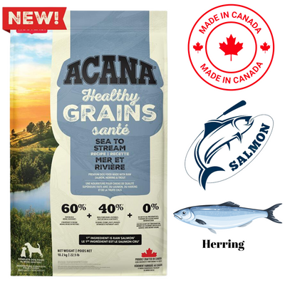Acana healthy grains dog food featuring fish ingredients and rich nutrition for balanced canine diets