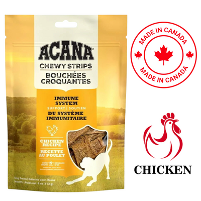 Acana immune support chicken dog treats chewy strips in resealable pouch with chicken recipe