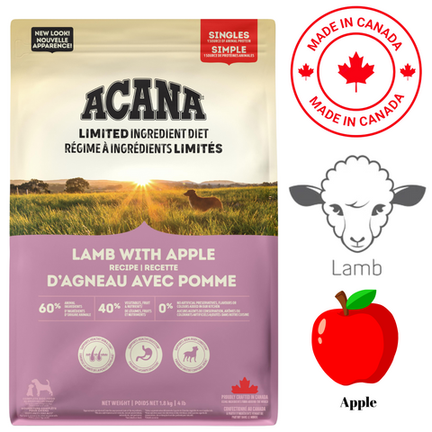 Acana lamb apple dog food bag featuring limited ingredient diet with lamb and apple flavors
