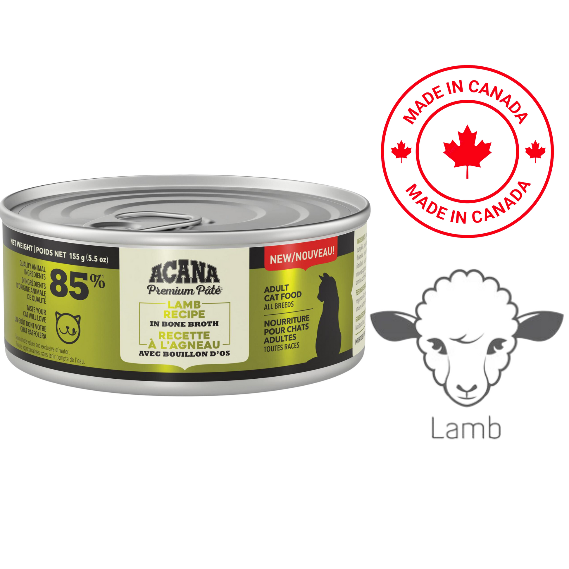 Acana lamb bone broth cat food in a can, nutritious recipe with 85 percent lamb for adult cats